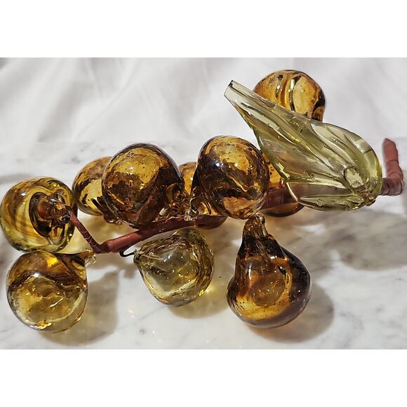 Vintage Handblown Amber Murano Glass Grapes Cluster Leaf MCM Decorative Glass - Picture 14 of 14